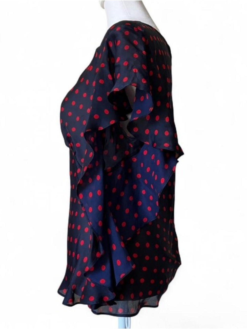 Lauren Ralph Lauren Vintage Blue & Red Polka Dot Flutter Hem Silk Blouse size PL - Picture 3 of 8